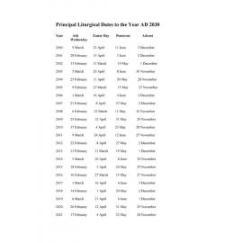 Principal liturgical dates to the year AD 2030